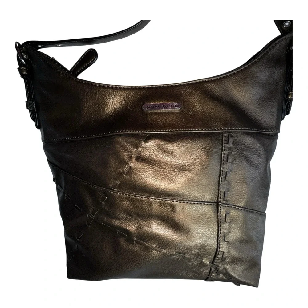 Jaclyn Smith Thread Stitch Detail Purse Strap Brown Bronze Faux Leather Bag